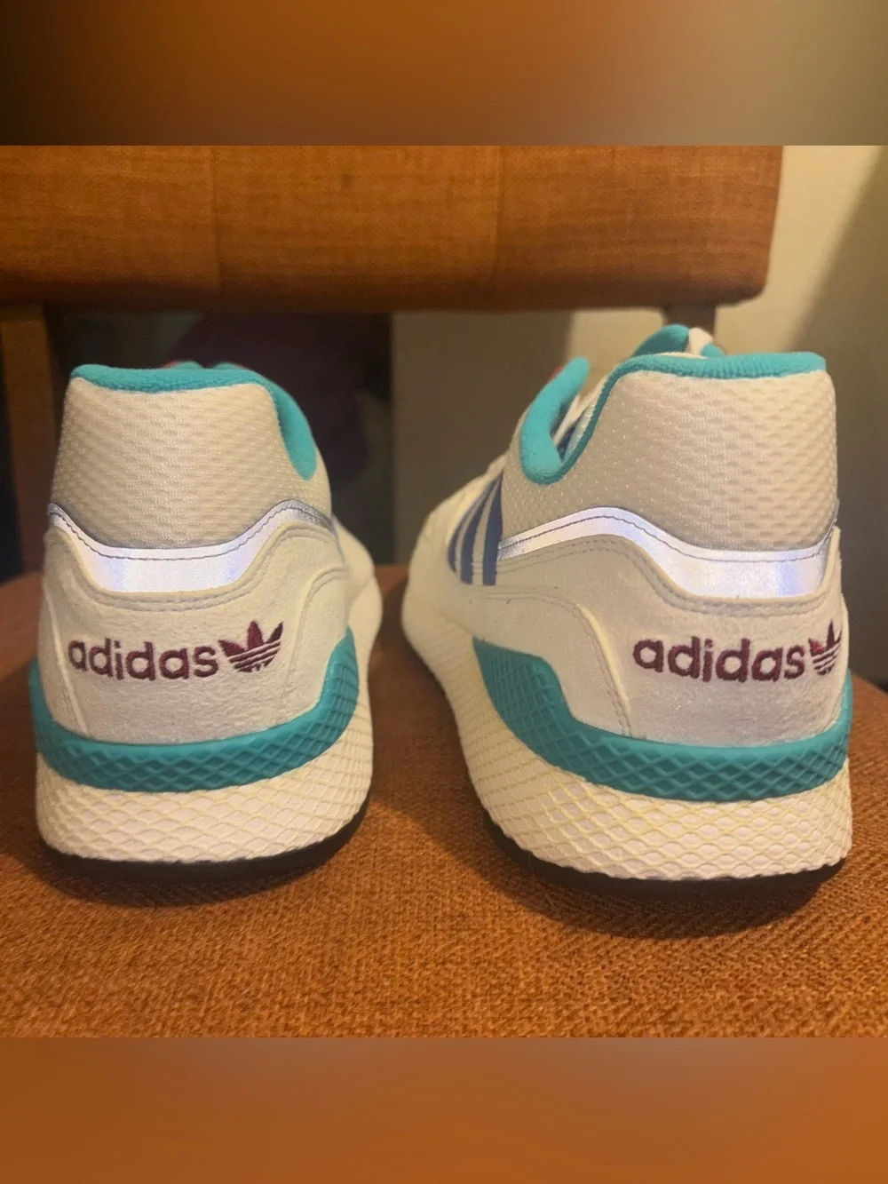 adidas White Sneakers with Teal & Blue Stripes